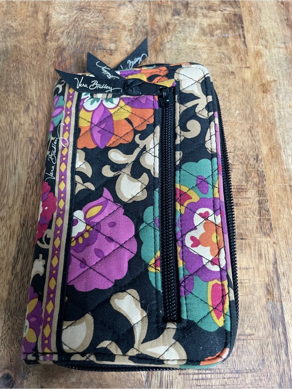 Vera Bradley Black Quilted Floral Zip Wallet with Multicolor Accents